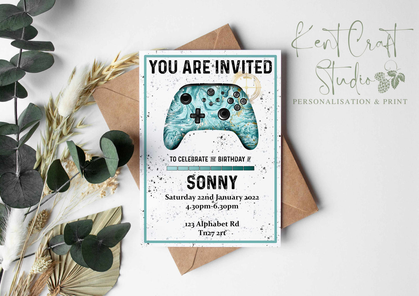 Personalised Unisex Teal Gaming Controller Birthday Party Invitations