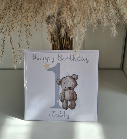 Personalised Brown Teddy Bear Birthday Card - 1st 2nd 3rd