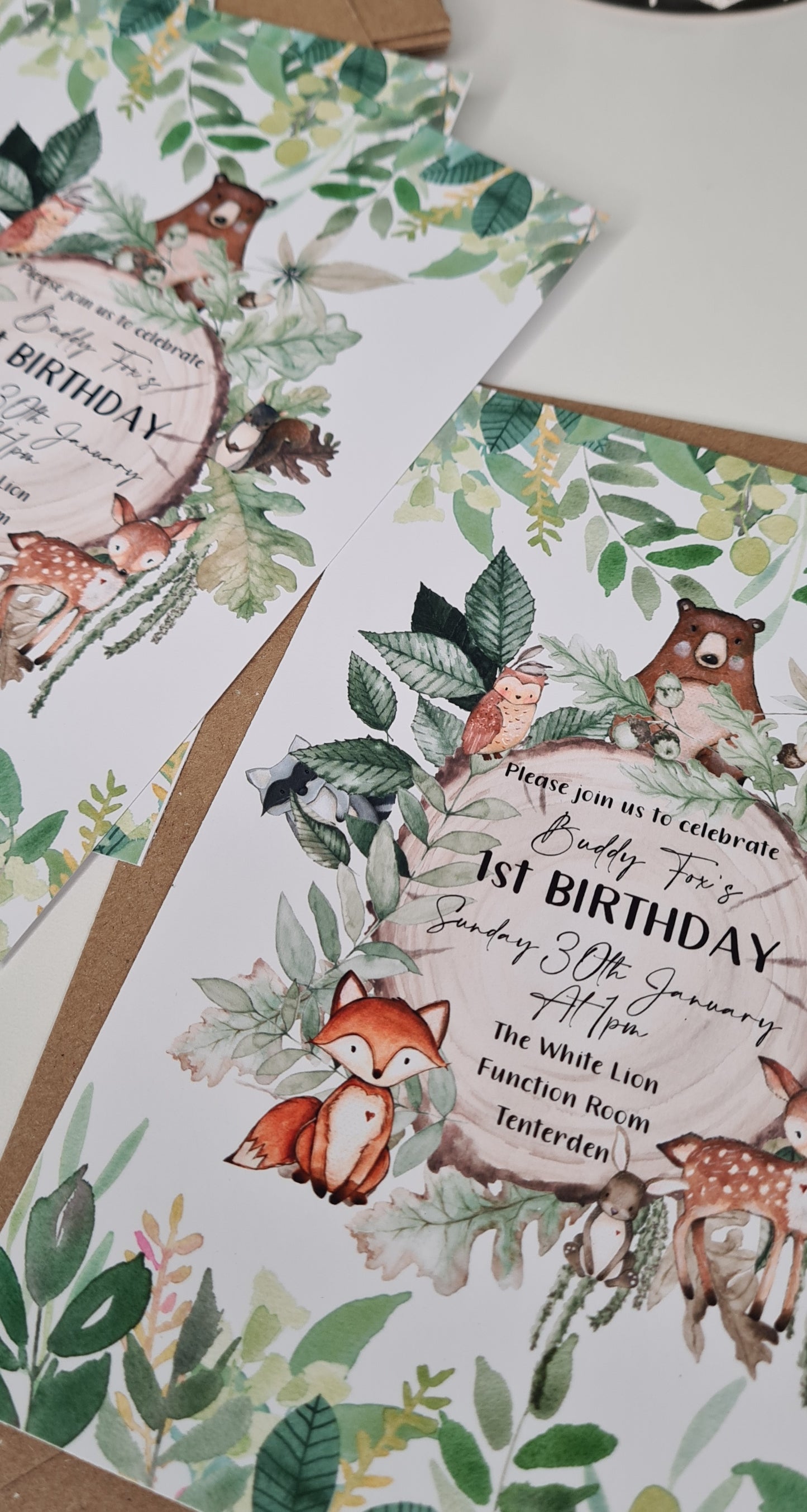 Personalised Woodland Animals Forest Party Invitation & Envelopes - Birthday - B