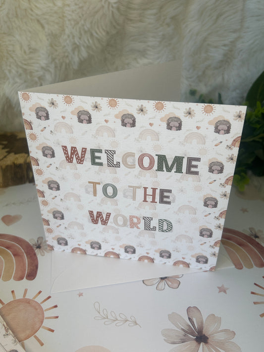Welcome to the world, Hedgehog Boho Greetings Card, New Baby