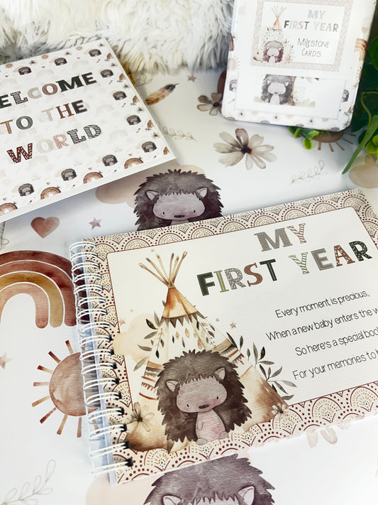 Boho Baby journal, My first year baby book, Hedgehog, memory book, Baby milestone book
