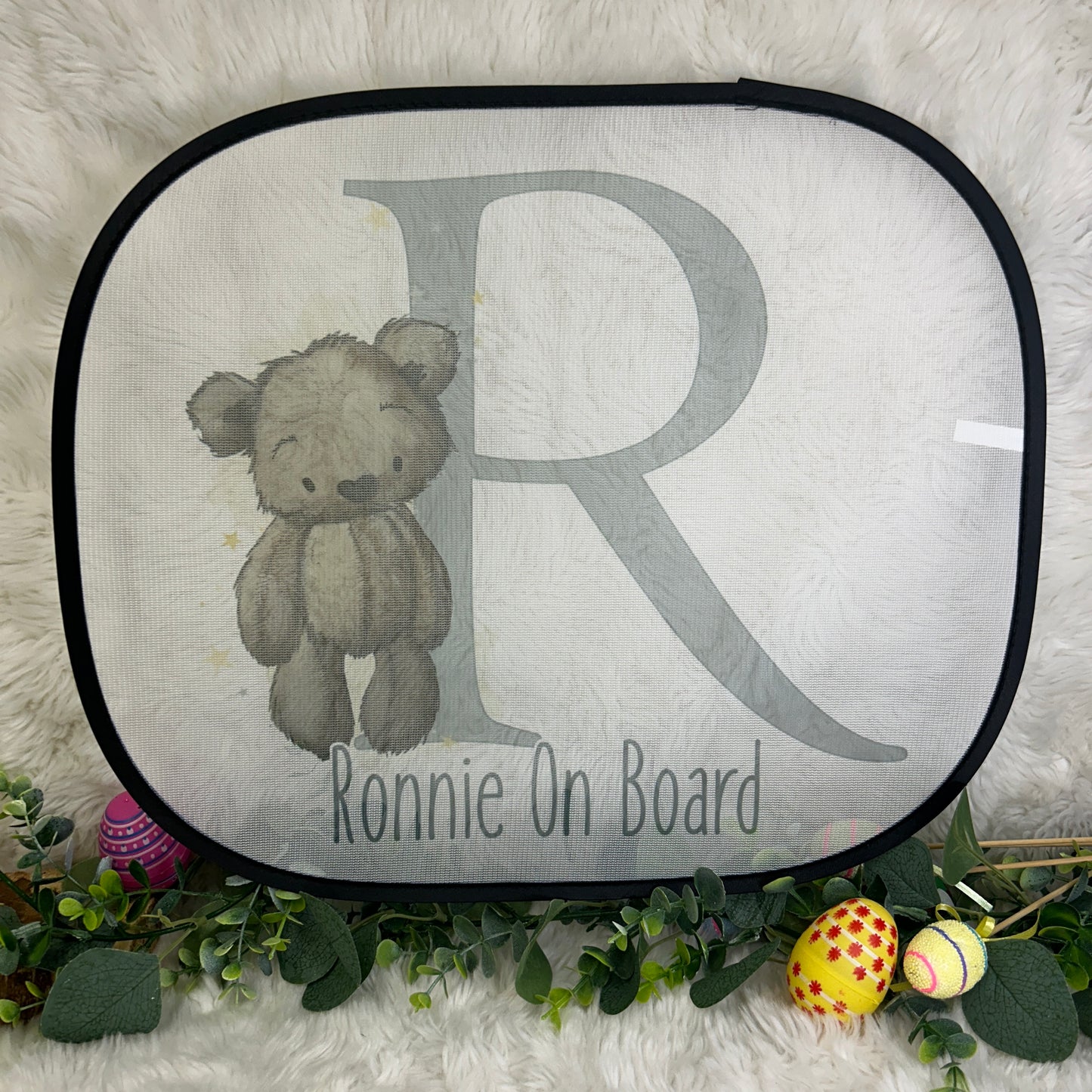 Teddy Bear Alphabet Initial Car Sun Shade - Personalised - Baby On Board Sign - Window Cover