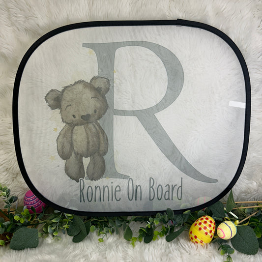 Teddy Bear Alphabet Initial Car Sun Shade - Personalised - Baby On Board Sign - Window Cover