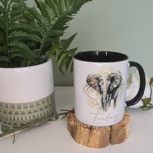 Personalised Elephant Mandala Black Handle Mug - Gift - Self Care - Positivity