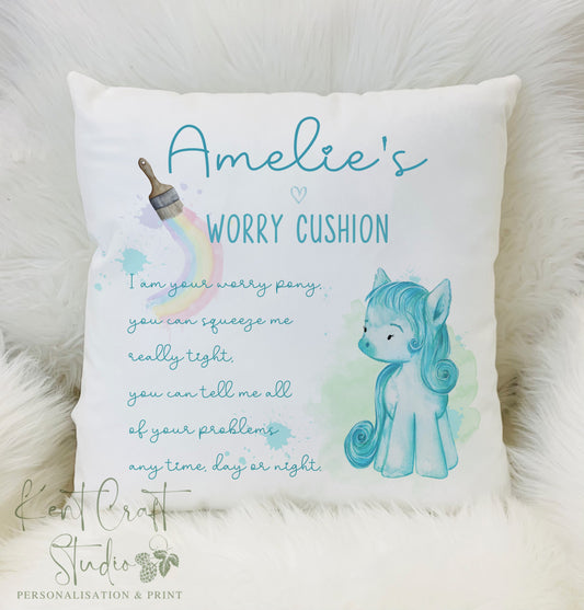 Personalised Blue Pony Rainbow Paintbrush Worry Cushion Gift