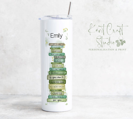 Personalised Book Stack Green Botanical Butterfly 20oz Skinny Insulated Tumbler