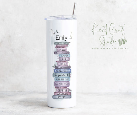 Personalised Book Stack Pastel Butterfly 20oz Skinny Insulated Tumbler Gift