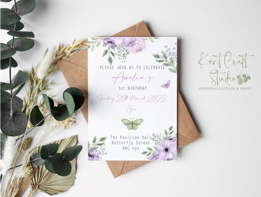 Personalised Lilac Butterfly Party Invitations - Birthday - Baby shower