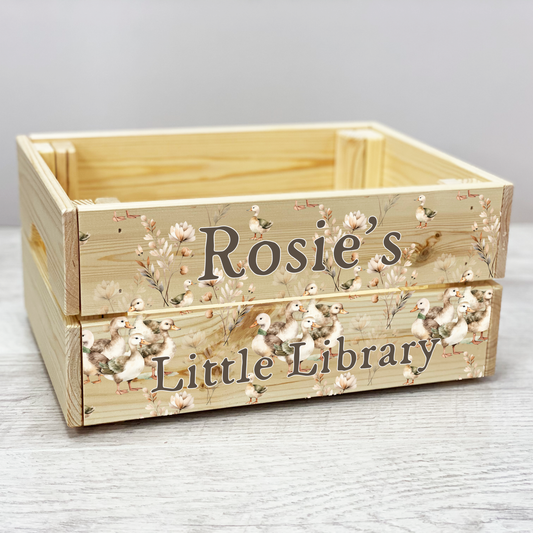Personalised duck wooden crate, Wooden book library,  Vintage nursery toy Crate, Book storage box