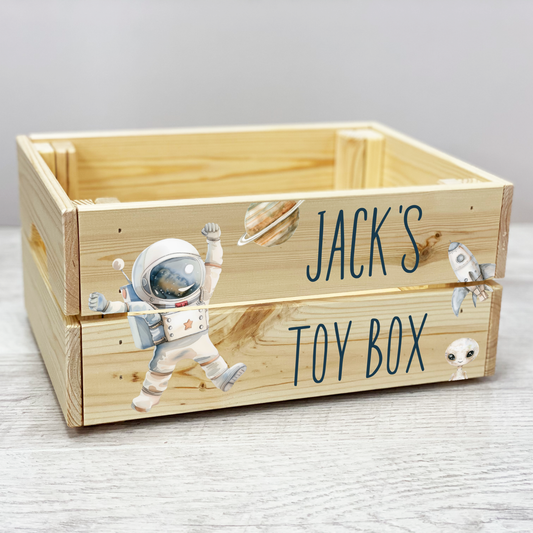 Personalised astronaut wooden crate, Space theme wooden book library, Personalised toy box