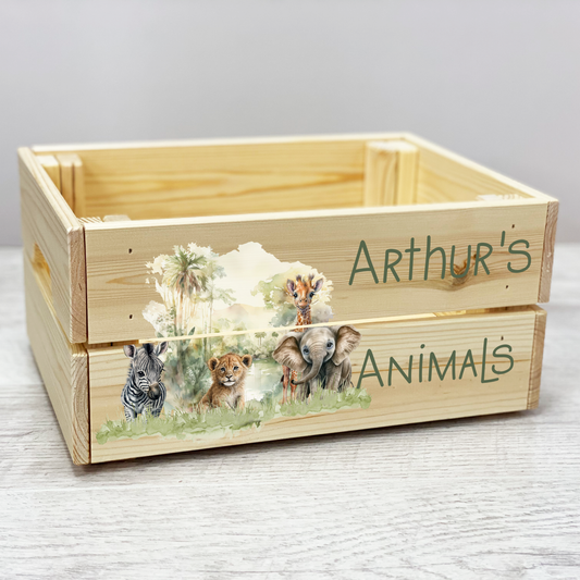 Personalised safari animal wooden crate, Safari book library, Safari nursery toy box