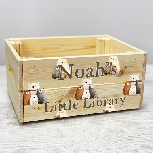 Personalised teddy bear crate, Wooden book library, Personalised woodland toy box