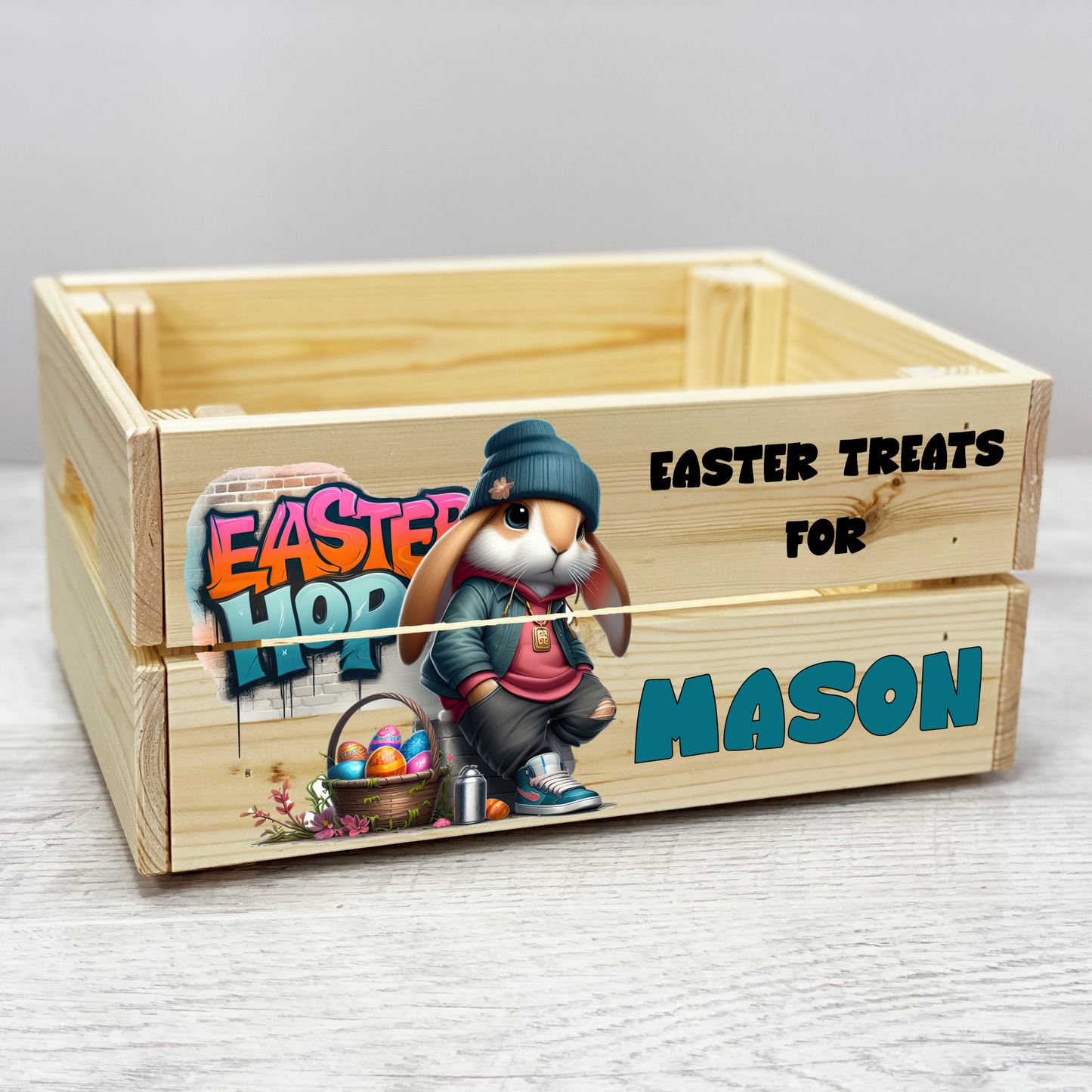 Personalised Easter bunny wooden crate, Hamper gift box, Easter hamper
