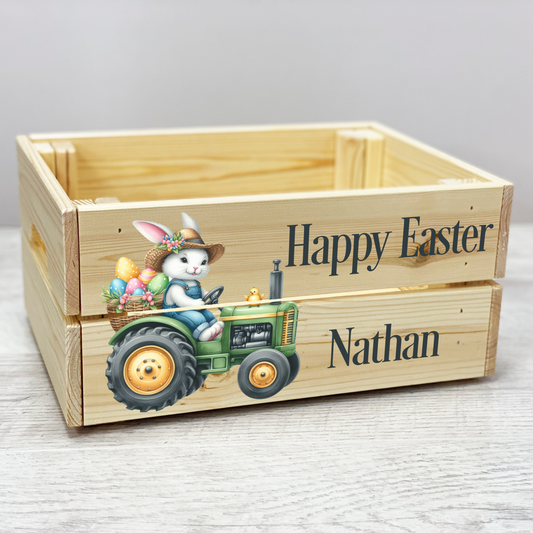Personalised Easter tractor wooden crate, Hamper gift box, Easter hamper
