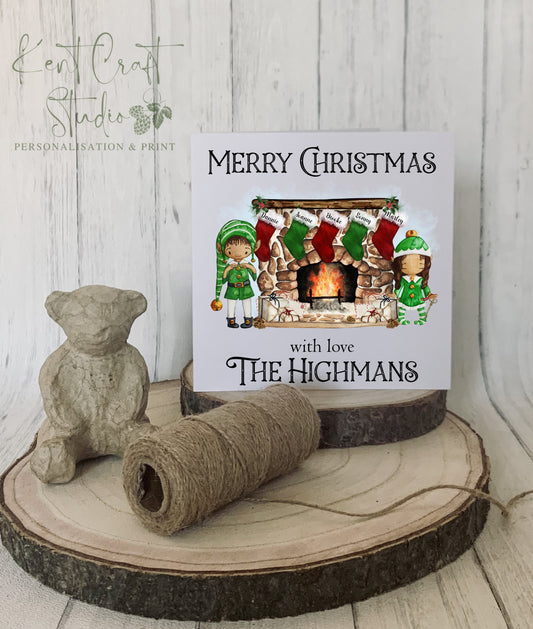 Personalised Elf Fire Place Christmas Card
