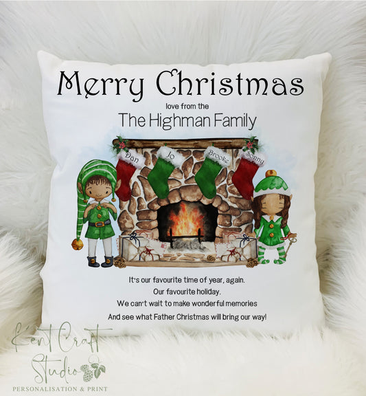 Personalised Christmas Family Cushion Gift - Elf Fireplace