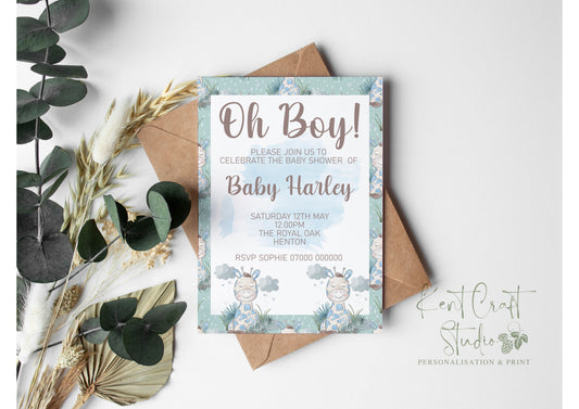 Personalised Blue Giraffe Jungle Animals Party Invitation & Envelopes - Birthday