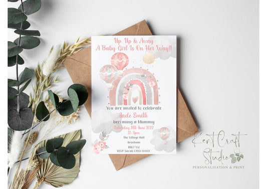 Personalised Hot Air Balloon Rainbow Girl Baby Shower Party Invitations
