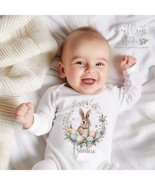 Personalised first Easter sleepsuit, Easter romper gift, Personalised baby clothing, Rabbit babygro