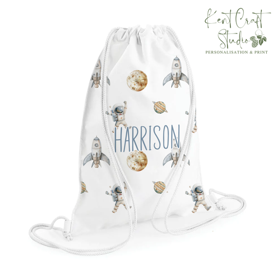 Personalised Astronaut Drawstring Gym PE Swim, Storage Bag, Spaceman Rocket