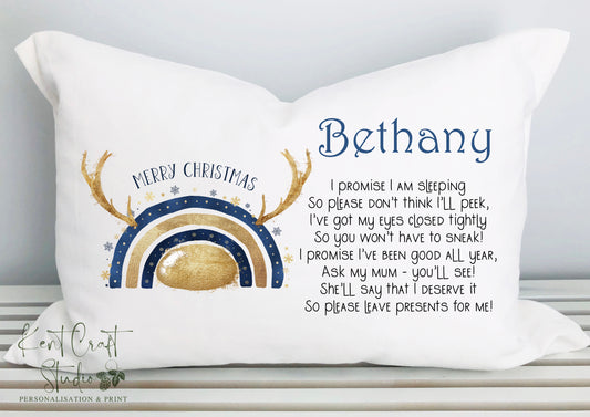 Personalised Navy Reindeer Rainbow Pillow Case - Christmas Eve