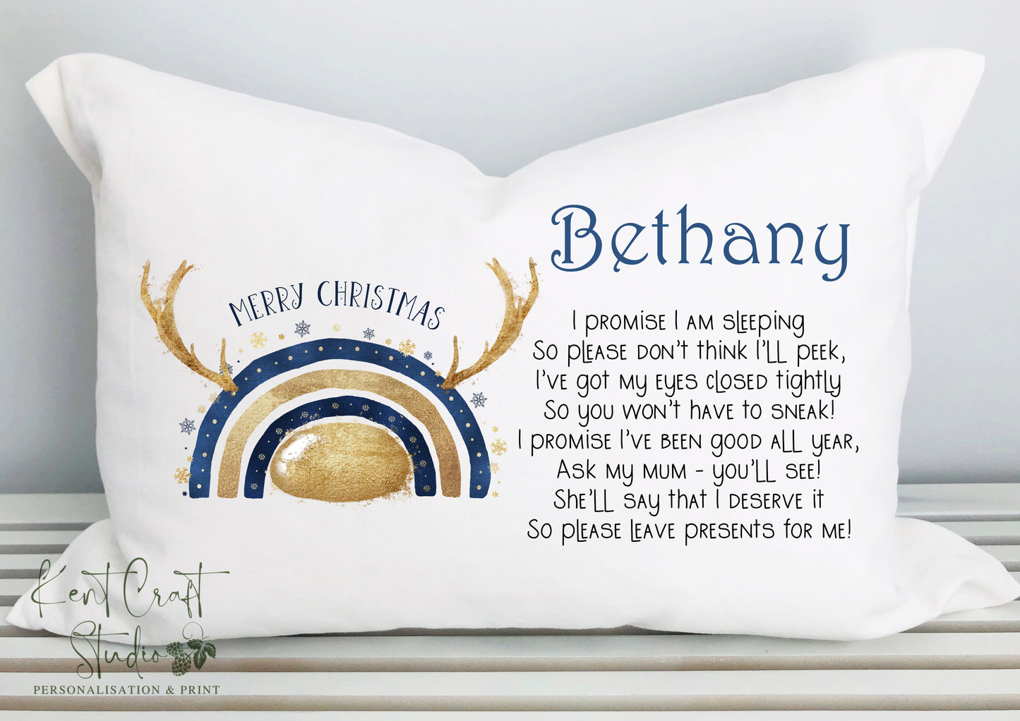 Personalised Navy Reindeer Rainbow Pillow Case - Christmas Eve