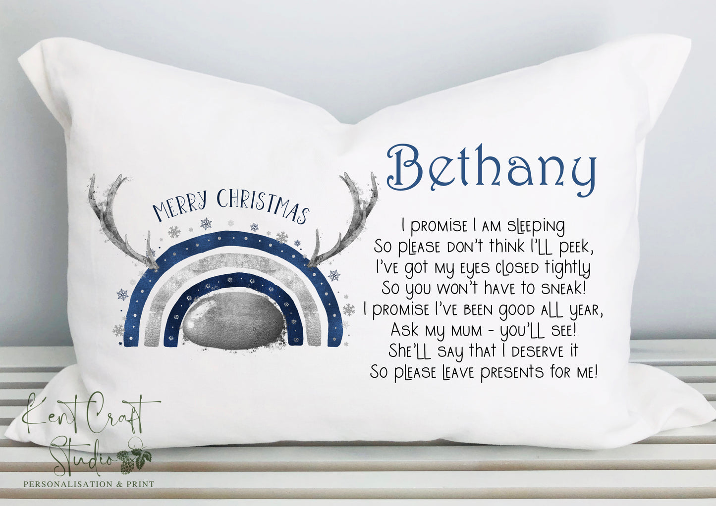Personalised Navy Reindeer Rainbow Pillow Case - Christmas Eve