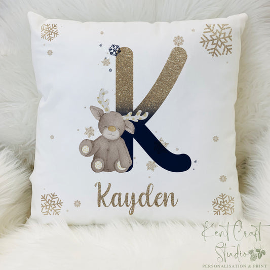 Personalised Navy Gold Christmas Reindeer Alphabet Cushion Gift
