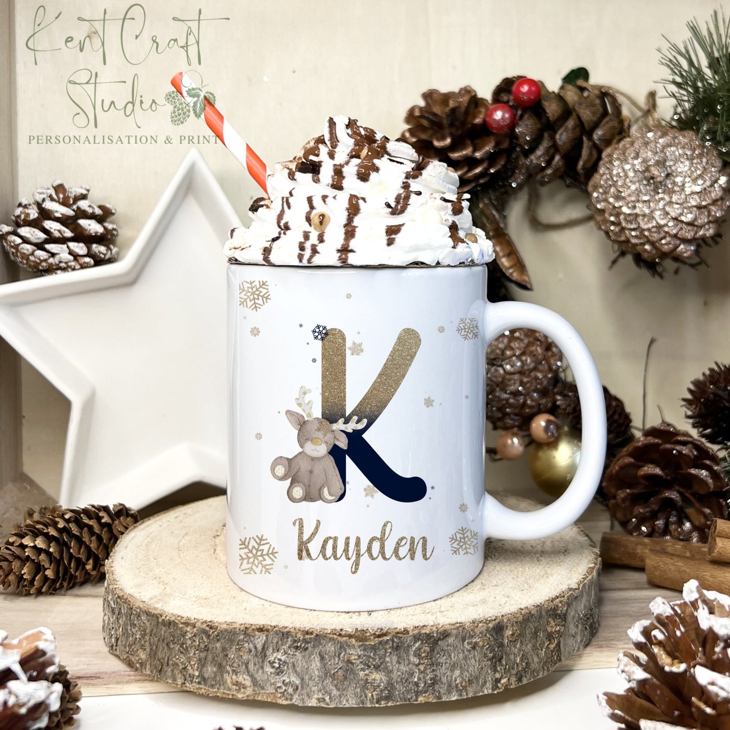 Personalised Reindeer Alphabet Christmas Eve Mug - Navy Gold