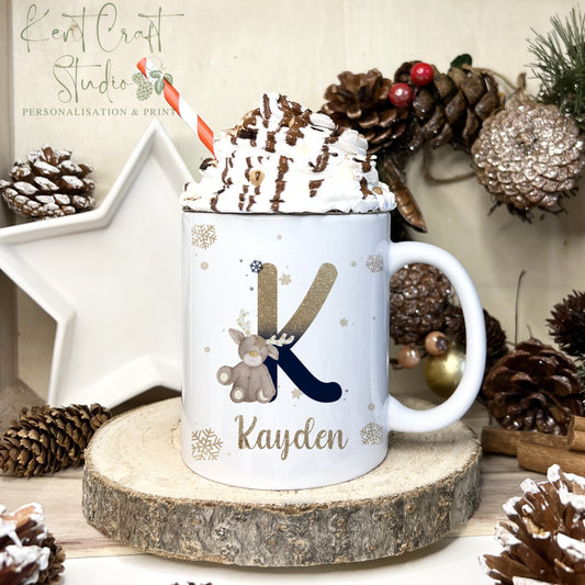 Personalised Reindeer Alphabet Christmas Eve Mug - Navy Gold