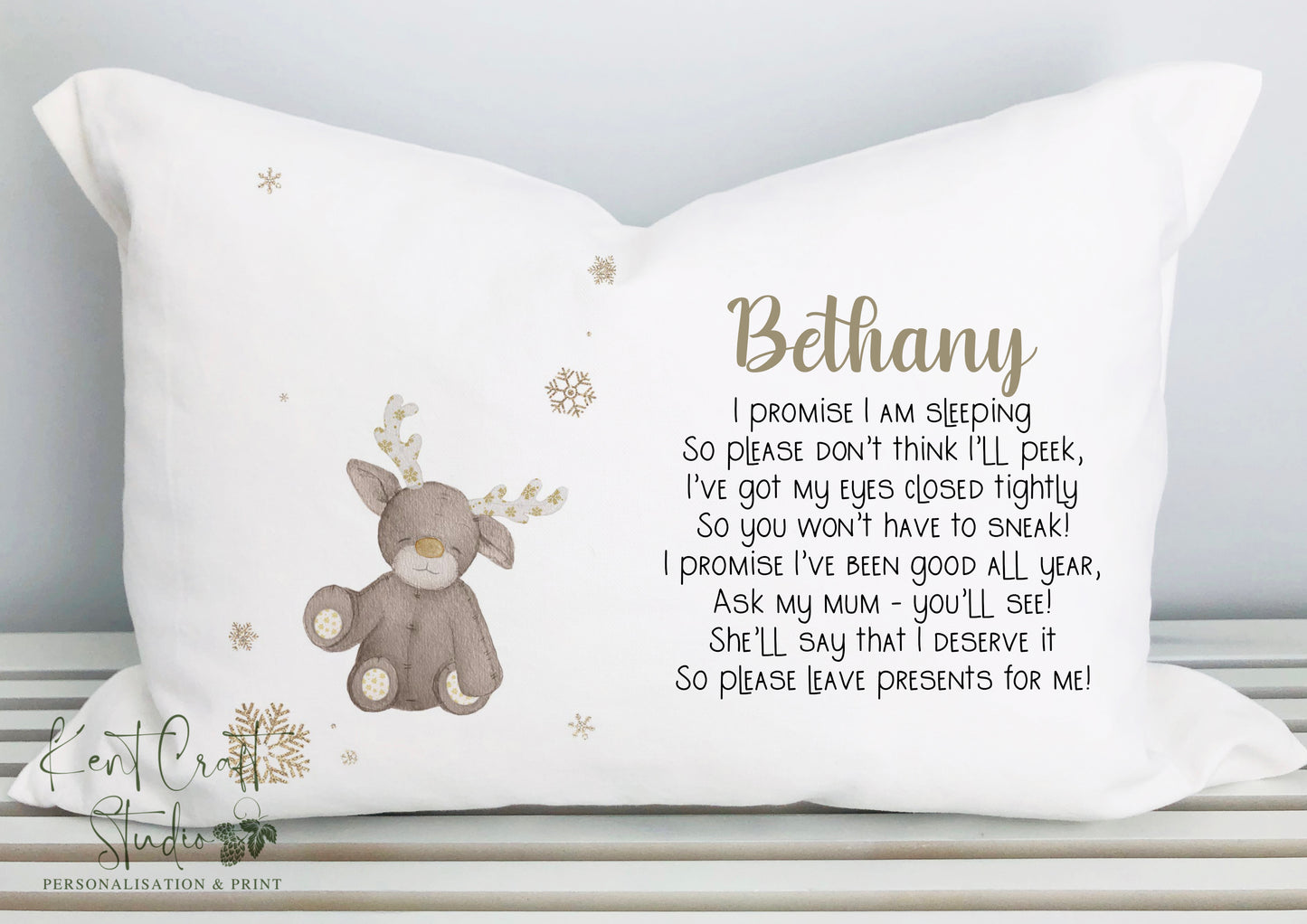Personalised Neutral Reindeer Pillow Case - Christmas Eve