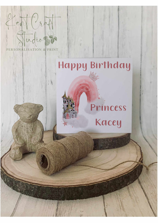 Personalised Princess Castle Rainbow Greetings Card - Pink