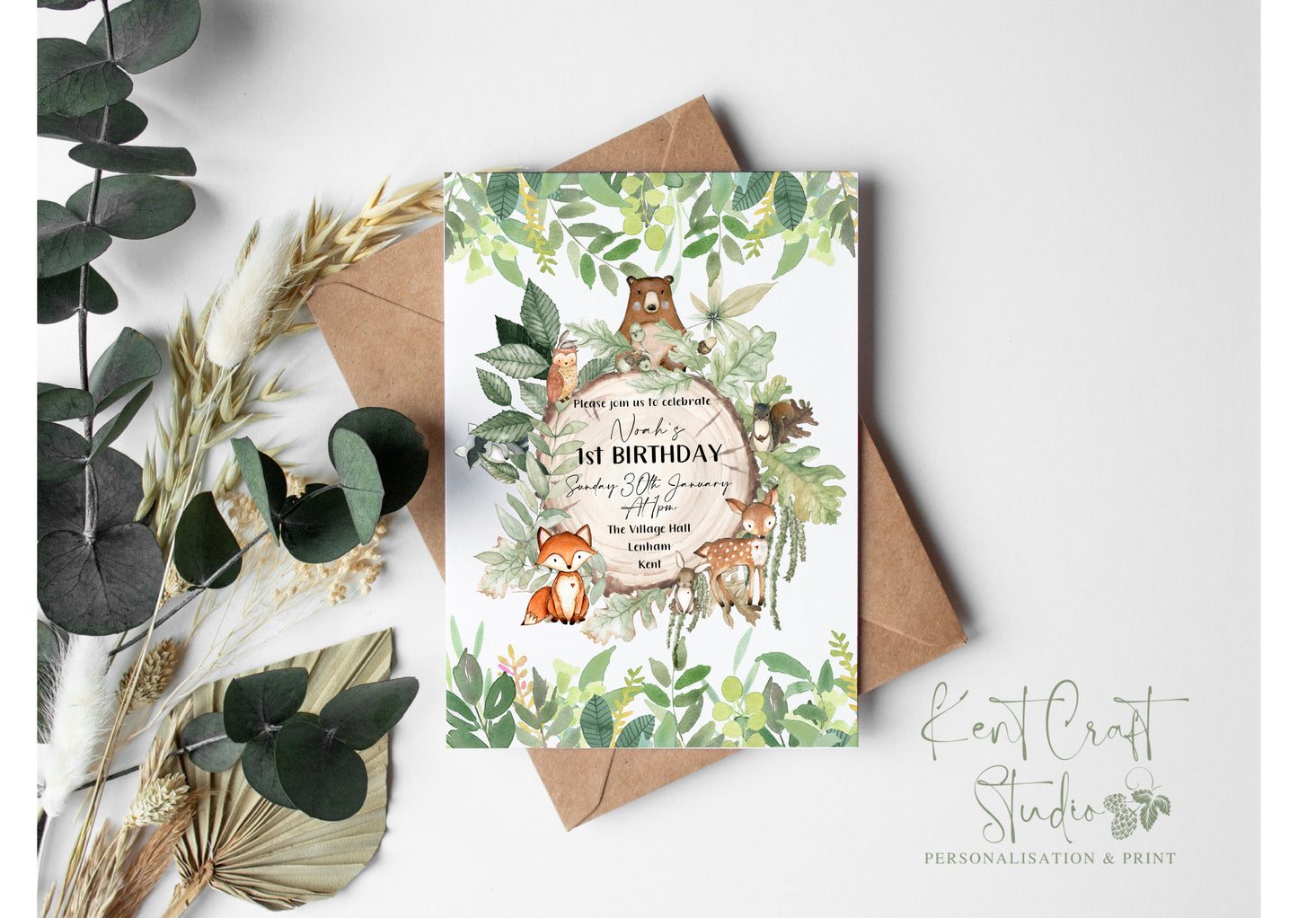 Personalised Woodland Animals Forest Party Invitation & Envelopes - Birthday - B
