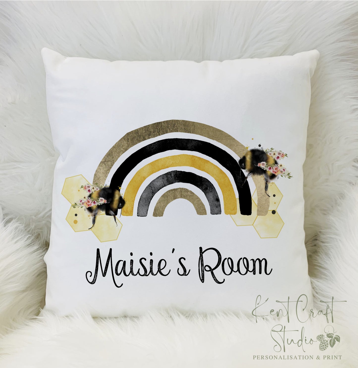 Personalised Bumble Bee Floral Rainbow Cushion