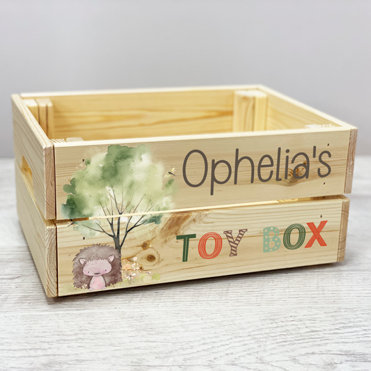 Personalised hedgehog wooden crate, Woodland book library, Personalised toy box