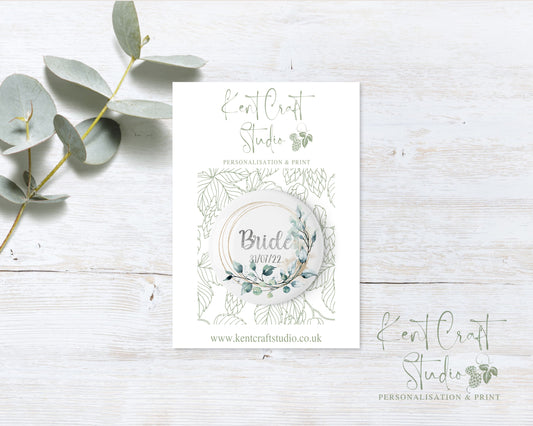 Personalised Bride to be badge, Hen Do party badges, Bridal party gifts, Eucalyptus gold wedding