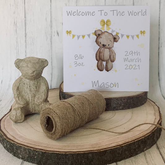 Personalised Brown Bear New Baby Greetings Card - Square -