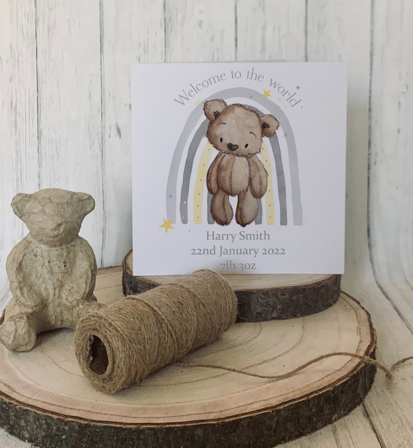 Personalised Brown Bear Rainbow New Baby Greetings Card