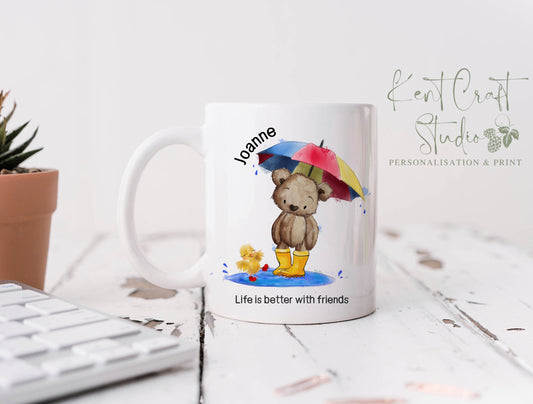 Personalised Brown Teddy Bear Rainy Day Mug - Life is better with friends