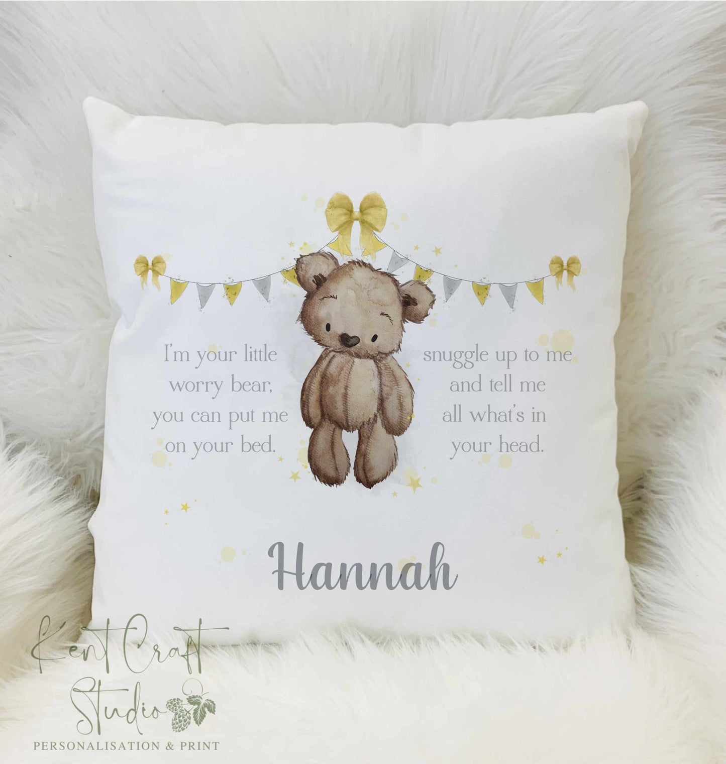 Personalised Brown Bear Worry Cushion - Unisex