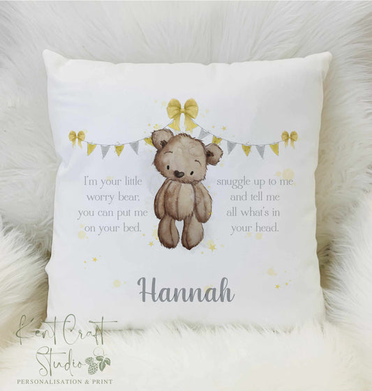Personalised Brown Bear Worry Cushion - Unisex
