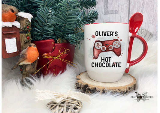 Personalised Christmas Eve Hot Chocolate Red Spoon Mug - Gaming Controller