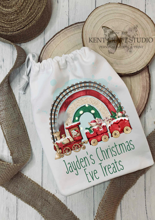 Personalised Christmas Eve Bag - Rainbow Mouse Train - Drawstring