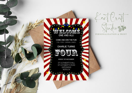Personalised Circus Show Party Invitation & Envelopes