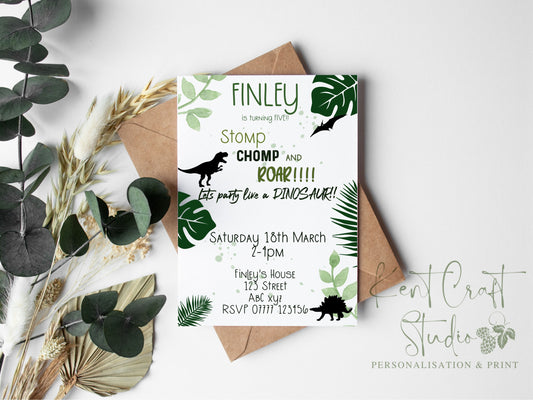 Personalised Dinosaur Party Invitation & Envelopes - T Rex birthday theme