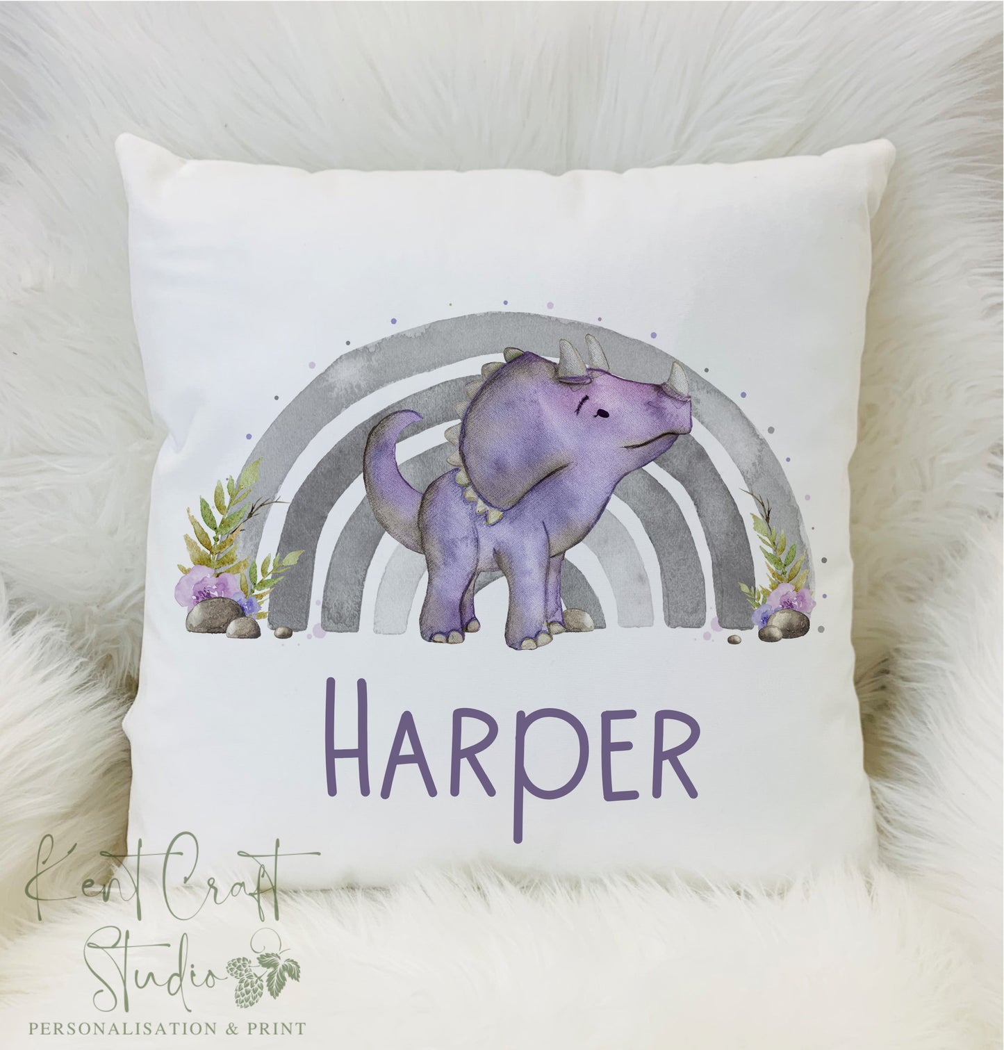 Personalised Dinosaur Rainbow Worry Cushion - Green or Lilac