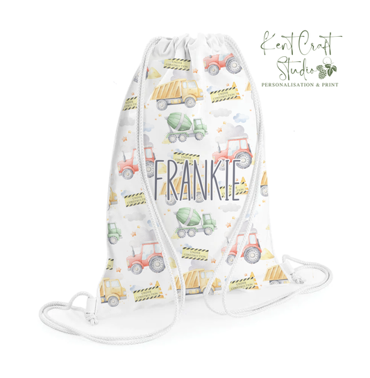 Personalised Construction Tractor Drawstring Gym PE Swim, Storage Bag