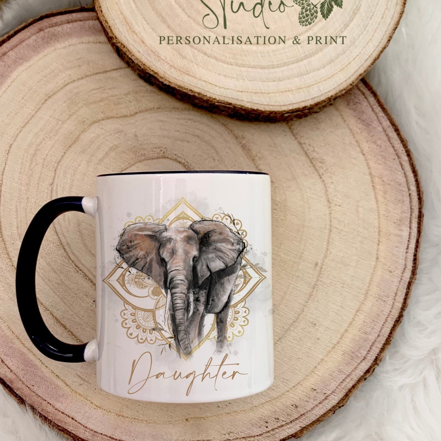 Personalised Elephant Mandala Black Handle Mug - Gift - Self Care - Positivity