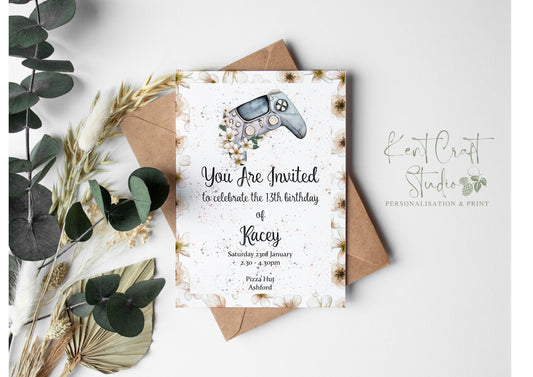 Personalised Gaming Girl Floral Controller Birthday Party Invitations
