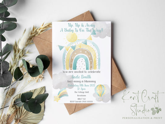 Personalised Hot Air Balloon Rainbow Baby Shower Party Invitation & Envelopes